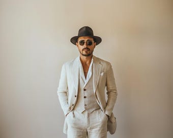 Handgefertigter Beige Leinen 3-teiliger Anzug: Slim Fit Hochzeit Bräutigam Anzug