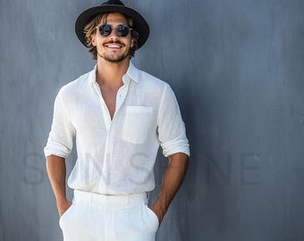 Conjunto de calça e camisa de linho off-white feito à mão: modelagem relaxada para o verão masculino