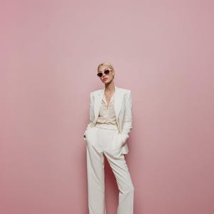 OFF WHITE 2-Teiliger Hochzeits- und Festanzug für Damen Maßanzug, Jacke und Hose Set | Professionelle Damen Büro Formelle Arbeitskleidung
