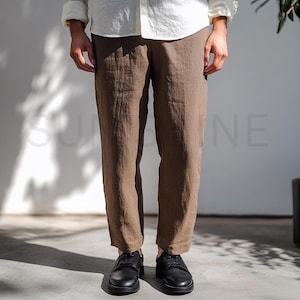 Pantalon en lin marron pur de qualité supérieure pour hommes, pantalon en lin coupe décontractée, idéal pour l'été et cadeau pour homme Pantalon d'été classique en lin,