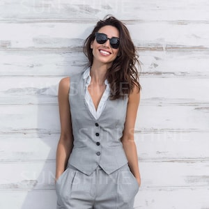 Light Gray Vest Pantsuit: Women&#39;s Modern Wedding Outfit