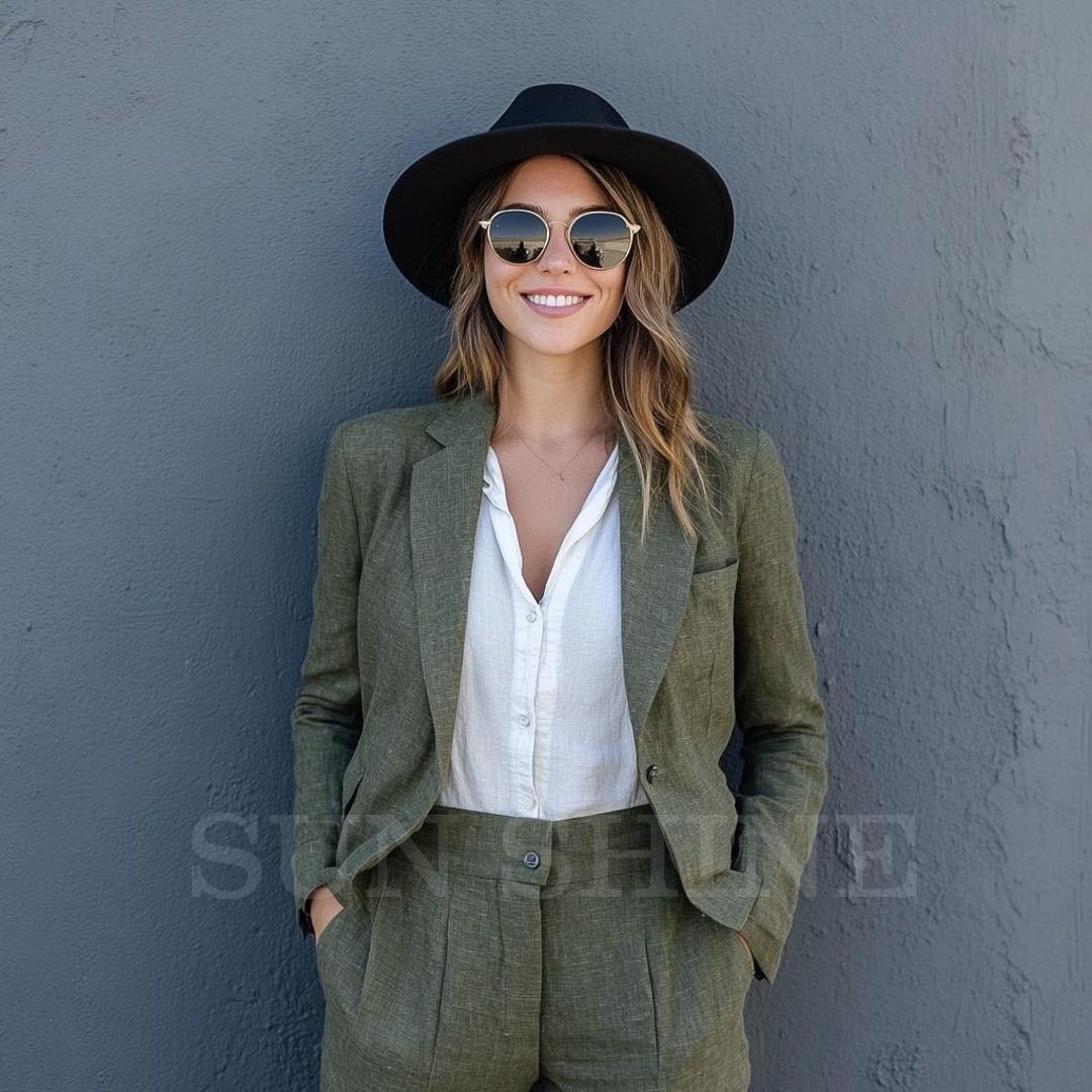 Embossed Linen Women Green Suit main image 1