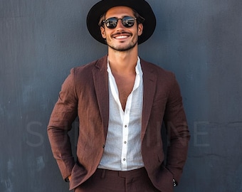Handmade Brown Linen Suit: 2-Piece Relax Fit Wedding Suit