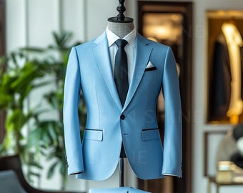 Sky Blue Men's Suit: Modern Slim Fit Wedding Groom Suit