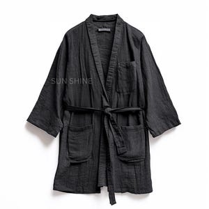 Classic Black Linen Bathrobe, Comfortable Gauze Unisex Long Kimono Robe, Lightweight & Comfort Thin Stylish Loungewear, Best Gift for Unisex