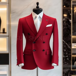 Luxury Red Double Breasted Suit: Slim Fit Tailored Wool Blend