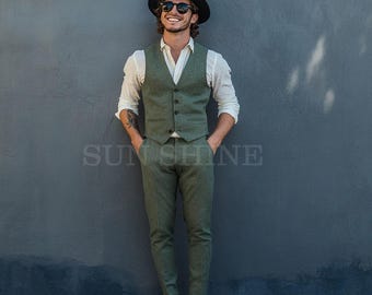 Premium Olive Green Linen Suit, Men Linen Suit,2 Piece Wedding Groom Linen Suit, Groomsmen Linen Suit, Summer Linen Suit, Linen Suit for Men