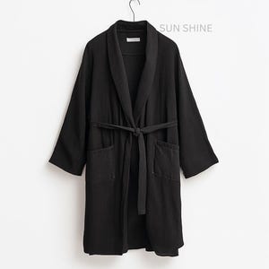 Black Linen Bathrobe, Comfortable Gauze Unisex Long Kimono Robe, Lightweight and Comfort Thin Stylish Loungewear, Best Gift for Unisex
