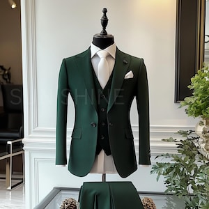 Luxury Dark GREEN 3 Piece Suit with Classic Finish Three Piece Slim Fit Suit For Men&#39;s, Groom & Groomsmen Suit For Wedding, Tailored Suit,
