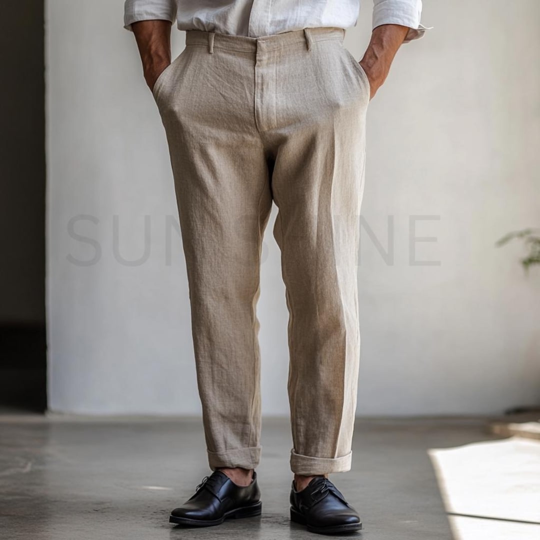 Handmade Beige Linen Pants Men's Relaxed Fit Summer Trousers