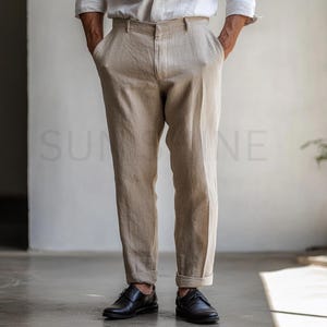 Handmade Beige Linen Pants Men&#39;s Relaxed Fit Summer Trousers