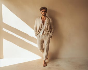 Luxury Beige Linen Suit, Men Linen Suit,2 Piece Wedding Groom Linen Suit, Groomsmen Linen Suit, Summer Linen Suit, Linen Suit for Men
