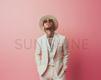 May include: A man wearing a white suit, white hat, and sunglasses. He is standing in front of a pink background.