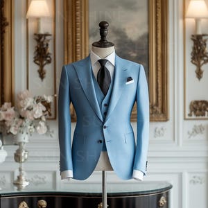 Luxury SKY BLUE 3 Piece Suit with Classic Finish Three Piece Slim Fit Suit For Men&#39;s, Groom & Groomsmen Suit For Wedding and party Events