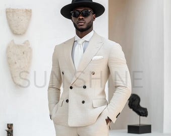 Handmade Off White Linen Suit: 2-Piece Relax Fit Wedding Suit