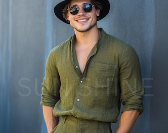 Olive Green Linen Pants Shirt Set: Men's Summer Relax Fit