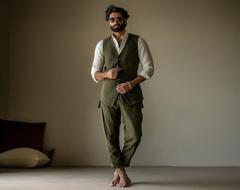 Handmade Green Linen Suit: 2-Piece Relax Fit Wedding Suit