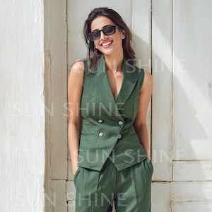 Premium OLIVE GREEN Women’s 2 Piece Vest Pants Set | Sleeveless Vest & Pants Summer Lounge Outfit Elegant Matching Set Luxury Women Suit Set