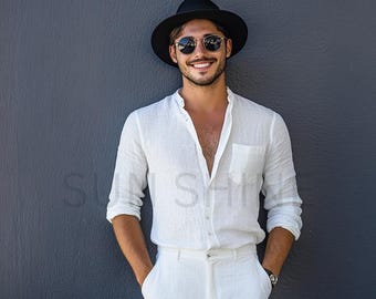 Conjunto de calça e camisa de linho off-white feito à mão: modelagem relaxada masculina