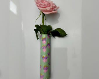 Handmade,  Hand-Painted Ceramic Magnetic Frig Vase: Floral Print Clay Decor