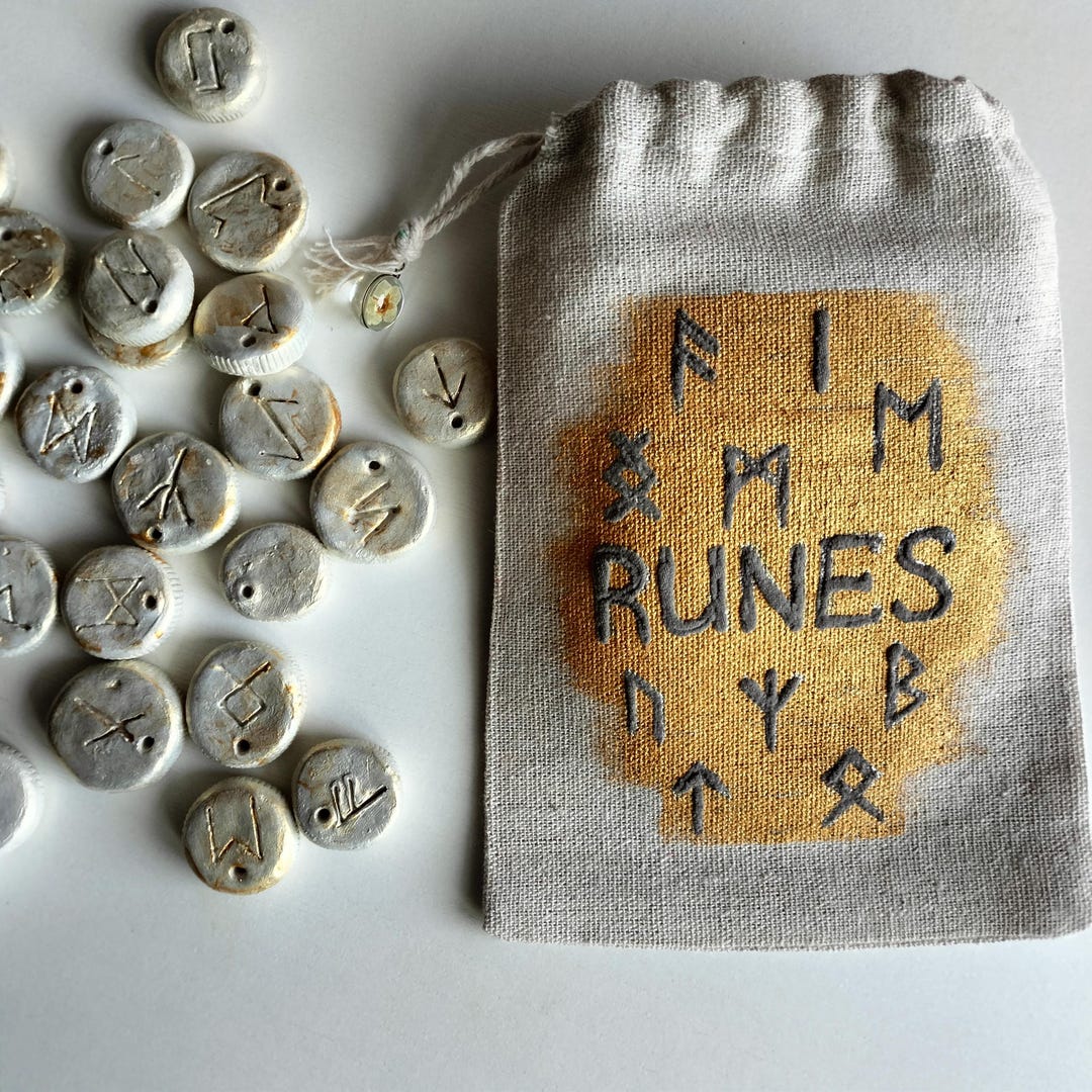 Handmade Runescape Runes Hand-painted Handmade Ceramic Rune Set With Hand-painted Cotton Pouch ...
