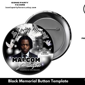 Puede incluir: Una plantilla de botón conmemorativo negro con una foto de un hombre, palomas y el texto "In Loving Memory". El botón incluye el nombre "Malcom Phillips" y fechas. El diseño es para un memorial.