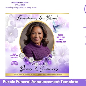 Purple Memorial Announcement/  Purple Funeral Announcements/ Funeral Flyers /  Purple Funeral Invitation
