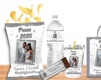 Silver & White Prom 2026 Party Favor Template: Editable Prom Chip Bags (Digital Download)