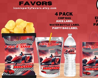 Paquete de bolsas de chips editables para fiestas con temática de coches de carreras