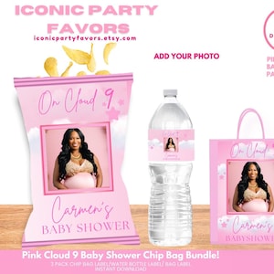 May include: Pink and white baby shower chip bag, water bottle label, and favor bag with a cloud and star design. The text "On Cloud 9" and "Carmen's Baby Shower" is featured on the labels.  The labels are customizable with a photo.