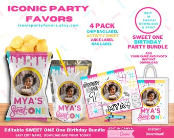 Sweet One Birthday Party Favor Bundle: Editable Chip Bags (Digital Download)