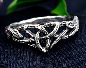 Celtic Triskelion Ring, Branch and Leaf Design, Sterling Silver, Unique Nature-Inspired Artisan Jewelry