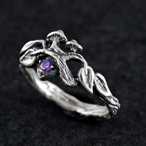 Art deco silver tree branch and leaves ring, Statement large ring inspired by nature, Engagement leaf ring for her