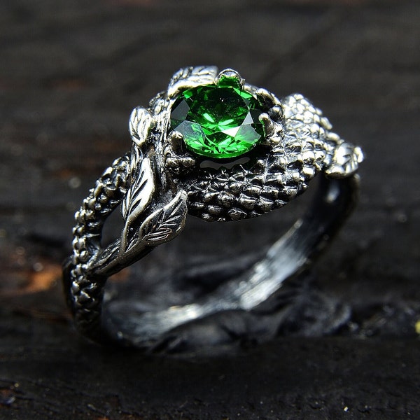 Green Dragon Ring, Emerald Engagement Ring, Nature Inspired Engagement Ring, Fire Ring, Green Stone, Dragon Scale, Leaves, Gemstone