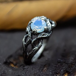 Unique Moonstone ring, Dainty branch and leaves Moonstone ring, Flower on the twig ring, Wild Moonstone ring, Unusual engagement ring fo her