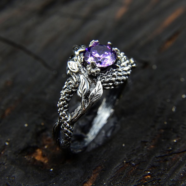 Dragon's Scale Silver Ring with Amethyst Stone - A Bold & Unique Piece of Nature-Inspired Jewelry