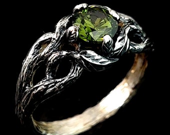 Einzigartiger Peridot Ring, Minimalistischer Ring mit Zweig und Blätter, Blume auf dem Zweigring, Wilder Peridot Ring, Ungewöhnlicher Verlobungsring für sie