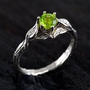 Peridot Leaf Ring - Artisan Crafted Sterling Silver Band, Nature Inspired Wedding Ring, Unique Ring for Women