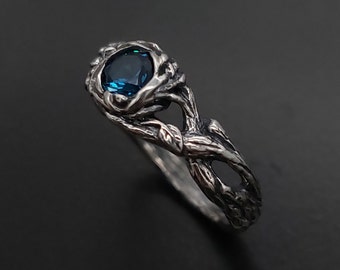 Braided branch and topaz engagement ring, Silver tree bark women's ring, Womens twig and leaves ring, Unique womens branch ring