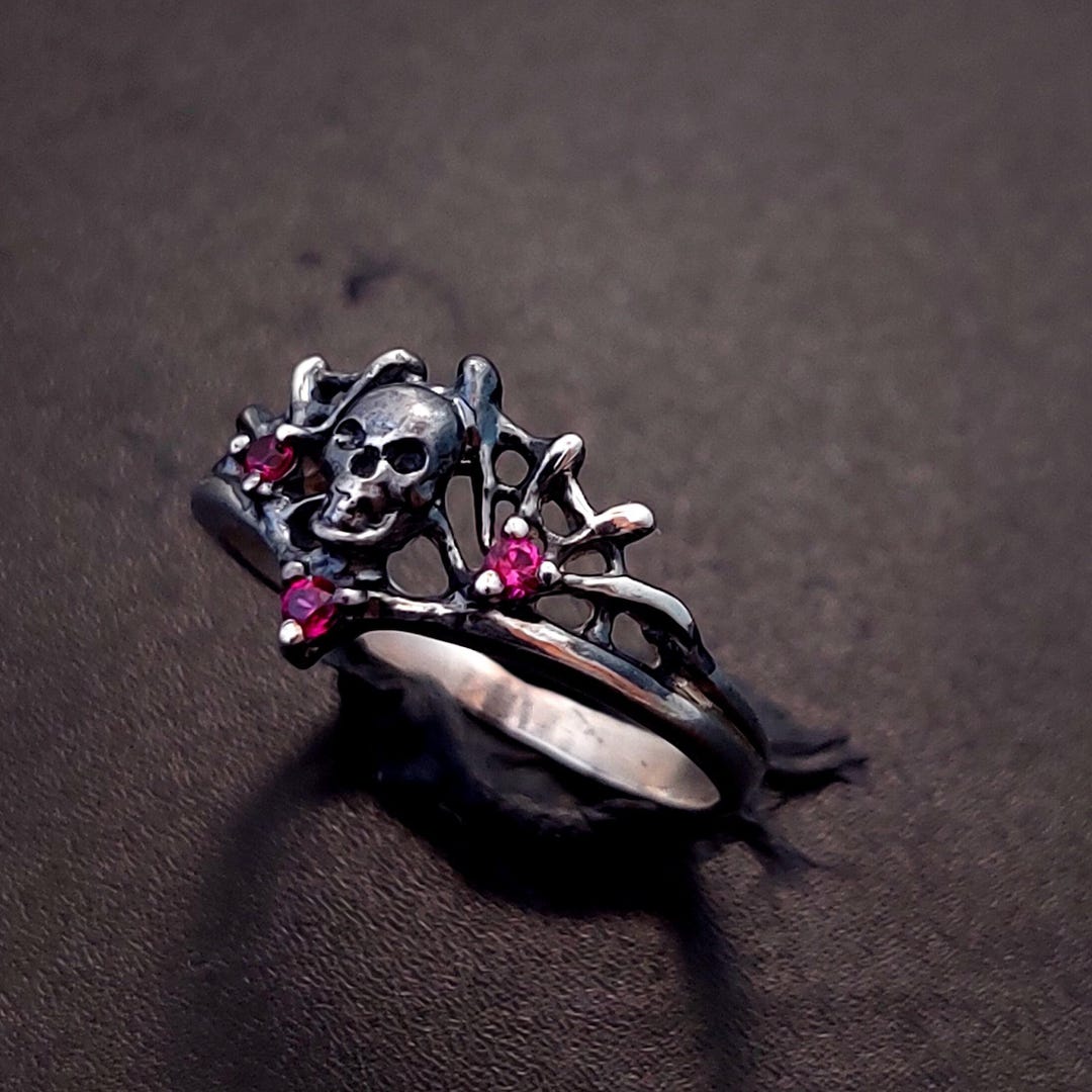Goth Rings Gothic Skull Silver Ring: Ruby Accents, Oxidized Sterling, Bold ...