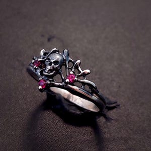 Gothic Skull Silver Ring with Ruby Accents