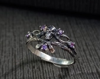 Anillo de compromiso de plata de ley con calavera gótica oscura - Anillo de compromiso con calavera - Anillo de esqueleto - Anillo de calavera delicado - Anillo de bruja