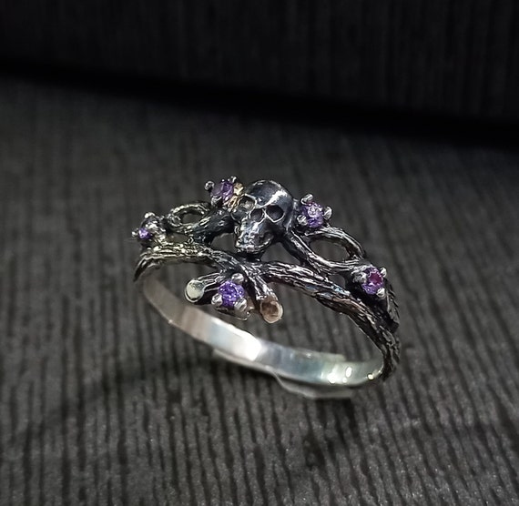 Sterling Silver Dark Gothic Skull Engagement Ring Skull Engagement