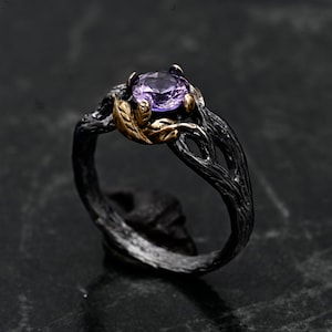 Alexandrite Wedding Ring, Viking Ring For Women, Promise Ring For Her With Detailed Leaves And Tree, Witch Ring