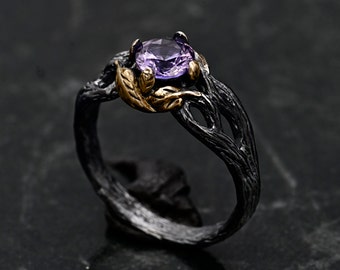 Alexandrit Ehering, Wikingerring für Frauen, Versprechen Ring für Sie mit detaillierten Blättern und Baum, Hexenring