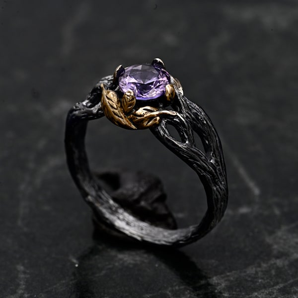 Alexandrite Wedding Ring, Viking Ring For Women, Promise Ring For Her With Detailed Leaves And Tree, Witch Ring