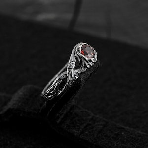 Sterling Silver Branch Ring - Gothic Garnet Gemstone Jewelry, Handmade Unique Gift