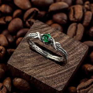 Round Emerald Engagement Ring Twig and Leaves. Elegant Botanical Design, Unique Handmade Gift