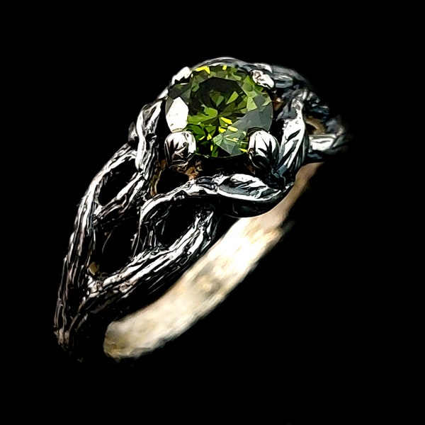 Unique Silver Twig Ring - Peridot Branch Engagement Ring - Braided Branch Engagement Ring With Peridot - Womens Twig Ring - Unusual Ring