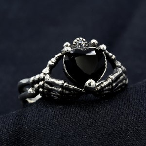 Sterling Silver Dark Gothic Ring, Gothic Engagement Ring, Goth Promise Ring, Skeleton Hand Ring, Love to Death Ring